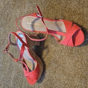 Coral open-toe cork heel, 8.5